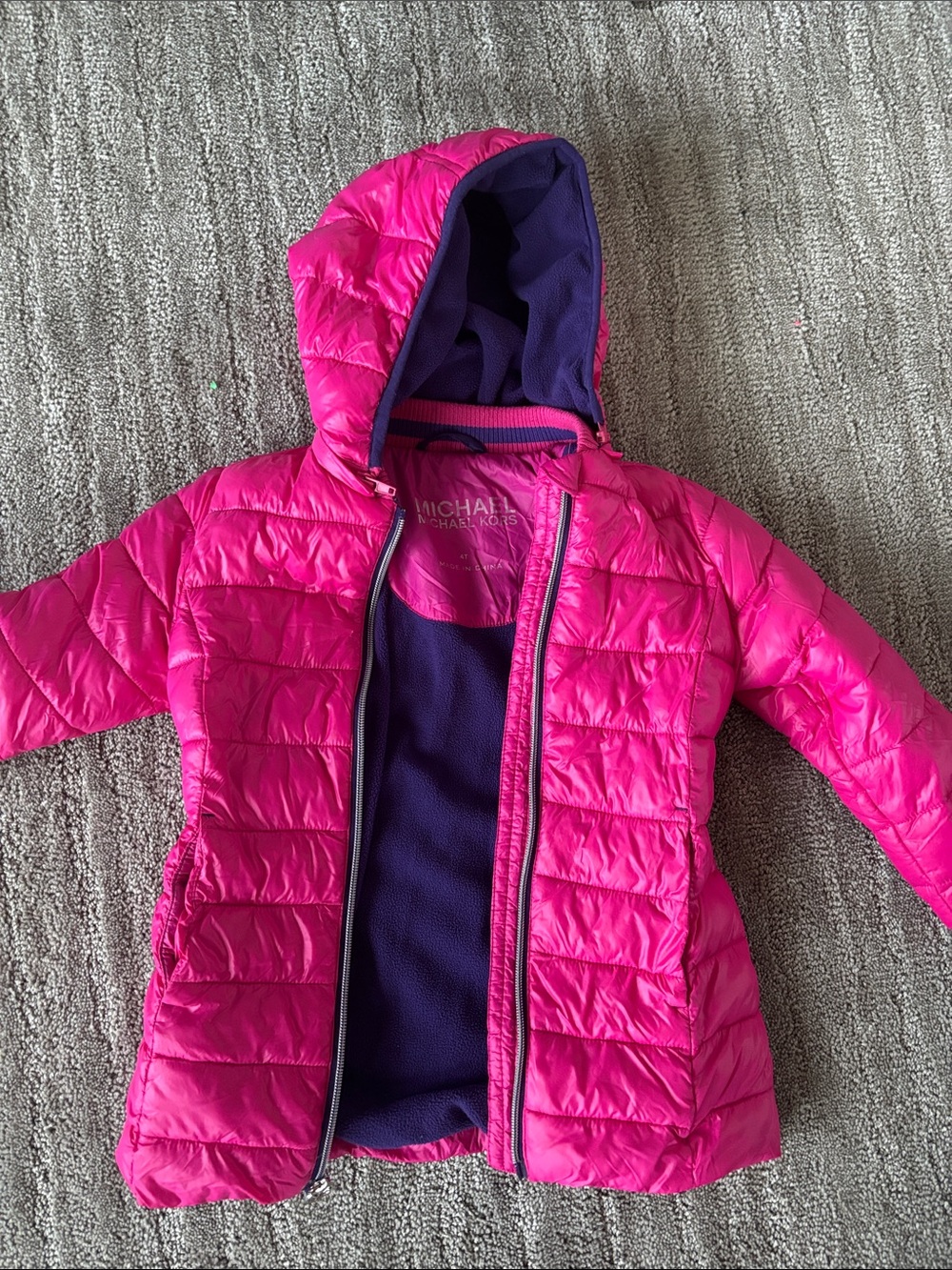 Michael Kors Girls' Bright Pink Hooded Puffer Jacket with Purple Lining